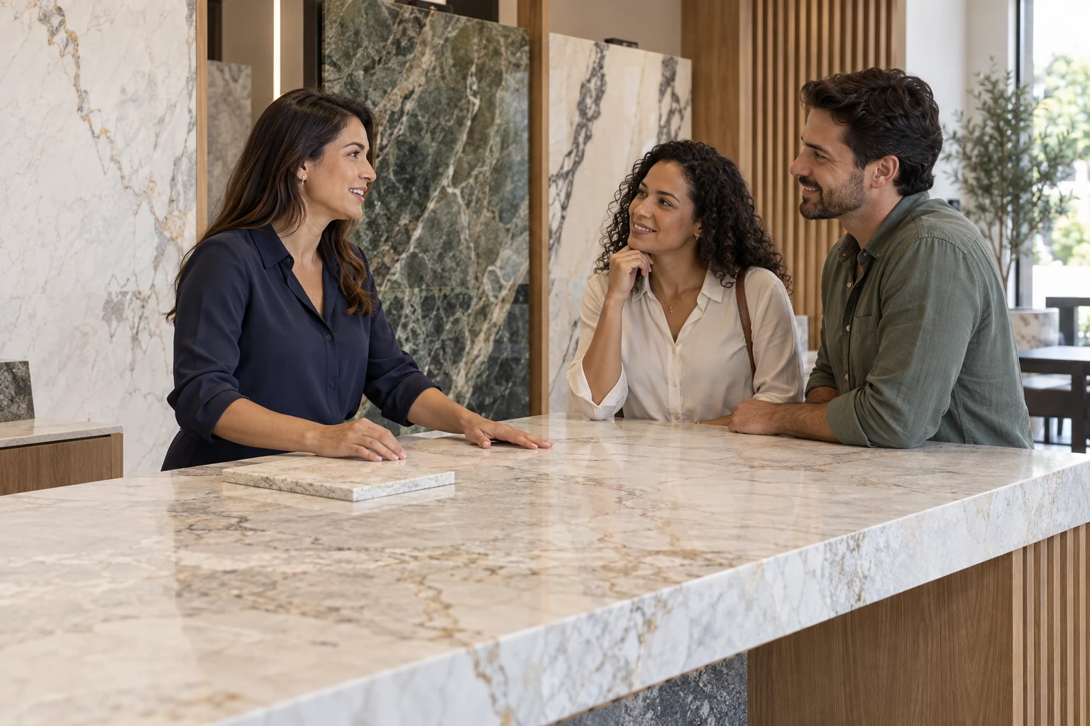 Cena ilustrativa de atendimento a clientes em um showroom contemporâneo de pedras e bancadas.